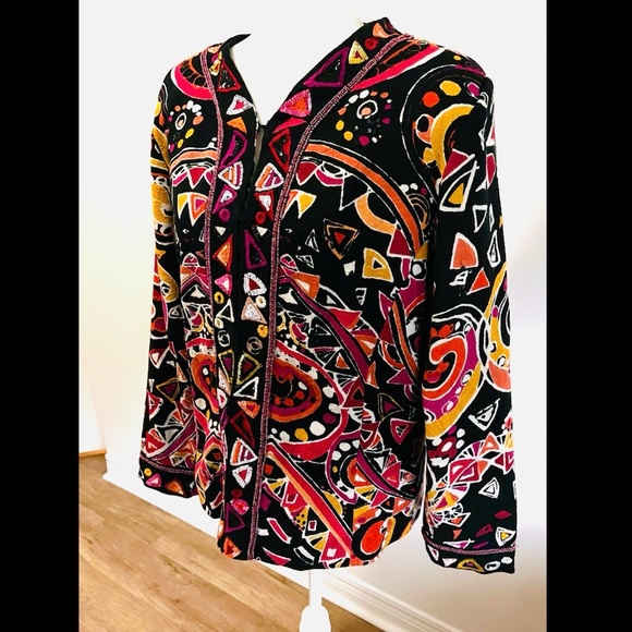 “Modern art to wear”bright colours on black w/sequins & beads embellished jacket - Picture 6 of 15